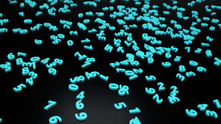 Randomly scattered numbers on a flat surface, computer generated. 3d rendering of abstract backdropの写真素材