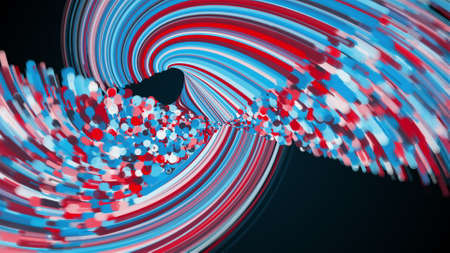 Twisted abstract element from multicolored lines and particles, computer generated. 3d rendering...