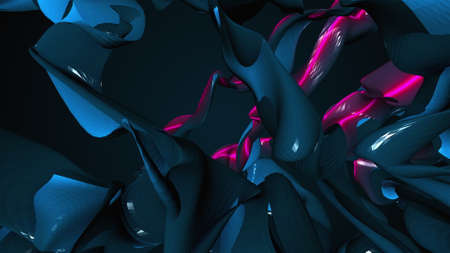 Volume amorphous shapes with color neon strips, computer generated. 3d render of surreal backdrop