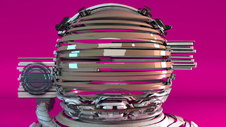 Astronauts head in metal helmet formed by lines. 3d rendering backdrop with cutting of space suit