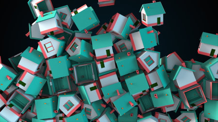 Many falling houses, computer generated. Oversupply in the real estate market. 3d rendering of comercial backdrop.の素材 [FY310161359403]