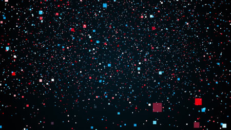 Space with flying colorful rectangles particles. Computer generated 3d rendering abstract backdrop