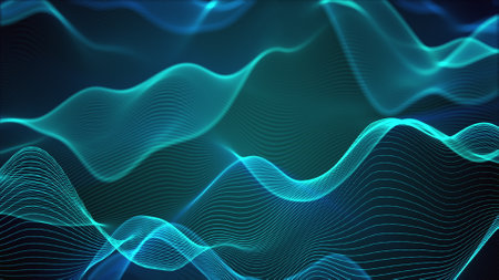 Computer generated a big data wave of particles. Color striped effect. 3D rendering of a futuristic...