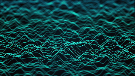 Neon waves of numerous abstract lines and rows computer generated backdrop. 3d renderingの写真素材