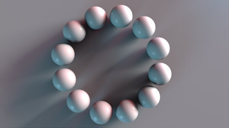Ring set of spheres, computer generated. 3d rendering of isometric backdrop