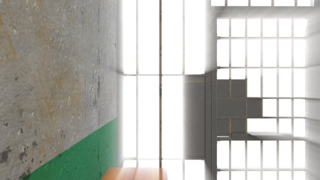 Prison room inside with shine rays, computer generated. 3d rendering grunge background.