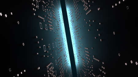 3d technology tunnel, computer generated. 3d rendering of narrow space between chips and neon light....
