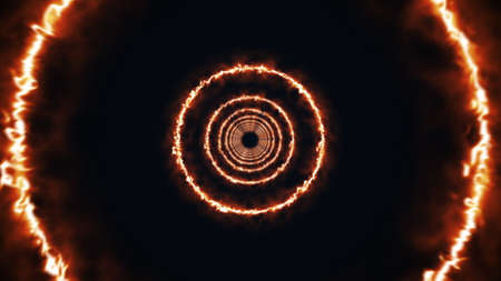 Rotating fire rings form an endless tunnel, computer generated. 3d rendering of bright backdropの写真素材