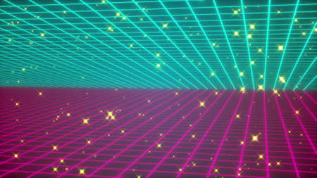 Colored grid and starglow, computer generated. 3d rendering background of retro style