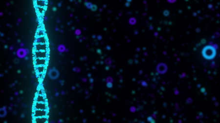 Digital DNA double helix against the colored blurred particles, computer generated. 3d rendering of...