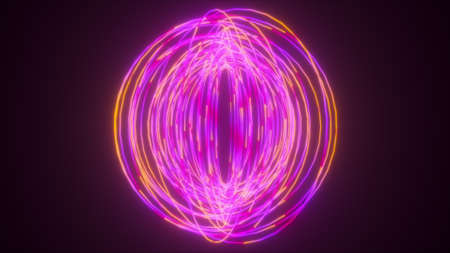 Circular rotation of thin neon splines, computer generated. 3d rendering of abstract futuristic backdropの写真素材