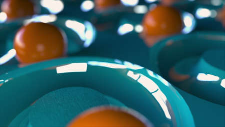 Abstract 3d composition. Synchronous rotation of balls, computer generated. Close-up with blurred backdropの写真素材