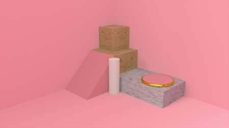 Cream stage with podium and geometric elements, computer generated. 3d rendering of studio backdropの写真素材