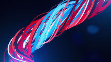 Lots of twisted 3D render texture ropes floating space in one rope. Strong tangled lines in creative swirl of futuristic presentation. Wriggling stream with brightly matted decoration.の写真素材