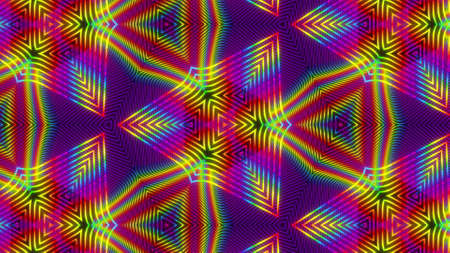 Geometrically changing 3D render mosaic with modern bright flower ornaments. Psychedelic polygonal...