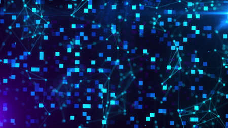 Technological 3d render cubes soldered by bright strips online information transfer space. Countless...
