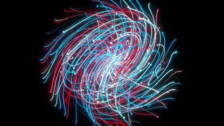 Chaotic spinning 3d render stripes in spatial spiral. Disordered threads whirling outer space....