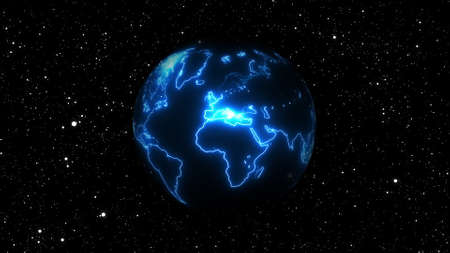 Glowing 3d render ball cosmic space with futuristic contours geographic surfaces. World map with...