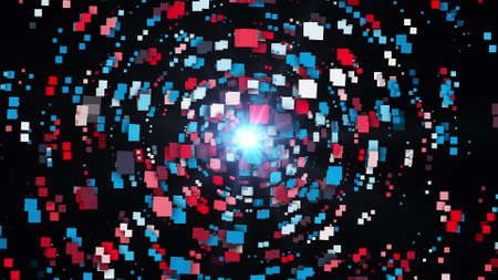 Geometric round dance 3d render of squares with bright light in center. Futuristic technology cubes various sizes forming circular portal to parallel dimension.の写真素材