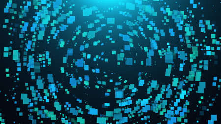 Geometric round dance 3d render of squares with bright light in center. Futuristic technology cubes various sizes forming circular portal to parallel dimension.の写真素材