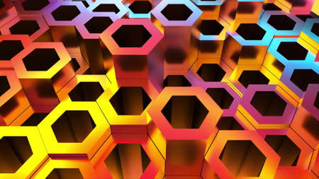 Bright hexagons from 3d render of geometric textures. Futuristic techno surface with shiny gradient. Colorful decorative mosaic with varying heights and polished reflections.の写真素材