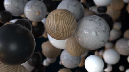 Marble stone 3d render balls falling into void. Wooden embossed bubbles in realistic slow motion....