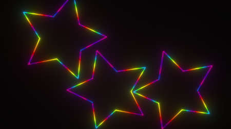 Vivid falling 3d render spiky shapes. Five star symbols for fun night out and festive atmosphere. Round dance of glowing geometric elements of successful rating.の写真素材