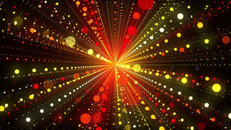 Hyperspace tunnel with 3d render of bright stripes of balls. Translucent galaxy spheres float in geometric regular lines. Shimmering abstract planets in starry spaceの写真素材