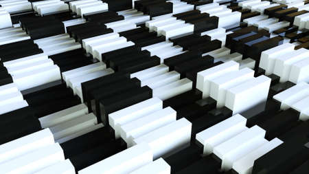 Geometric building 3d render bricks with longitudinal cutouts. Abstract wall of randomly moving cubes. Futuristic architectural minimalism made from realistic squares with straight stripesの写真素材