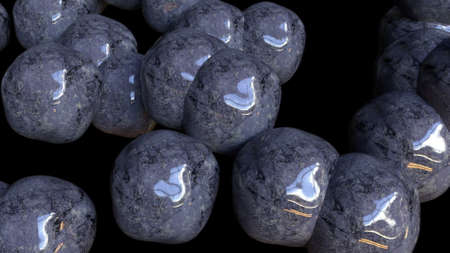 Geometric spheres with 3d render glitter and deformed surface. Crystalline pearls floating in...