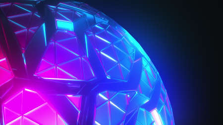 Polygonal 3d render round frame with broken joints and cyber fractals. Geometric futuristic ball with technology tracery and shattered surface triangular lines formations.の写真素材