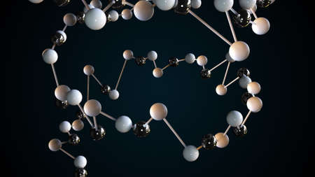Geometric curved 3d render line with balls. Severed evolutionary DNA for biological research and chemical experiments. Twisted spiral of genome in digital space.の写真素材