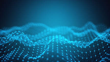 Waves of digital analysis of data sets with 3d render visualization. Futuristic observation of fluctuations in web research and experimentation. Financial forecasting of exchange flows.の写真素材