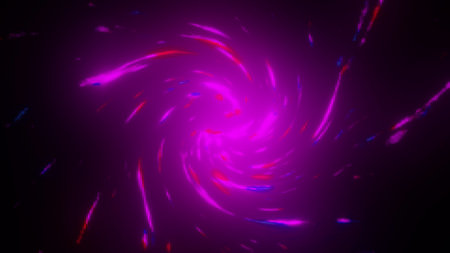 Neon 3d render spiral moving in space. Futuristic whirlpool in dark sky. Magical bright powerful flash that bends space. Digital luminous twirl rotating graphic elements.の写真素材