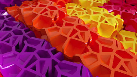 Geometrically split 3d render of pieces squares in abstract tracery. Futuristic rows defective...
