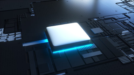 Digital circuit with 3d render boards and integrated microprocessor contacts. Computational semiconductors with collection and transmission of electronic information.の写真素材