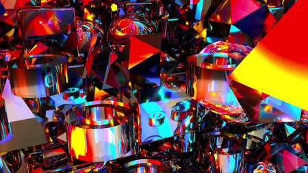 Bright precious 3d render geometrical stones with glare of magical gemstone light. Polygonal iridescent sapphires reflecting quartz minerals and prismatic abstract crystals.の写真素材
