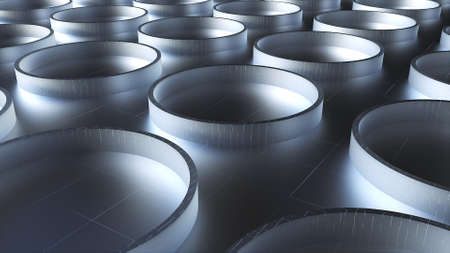 Round matte shapes lying on 3d render floor with digital abstract lines. Geometric abstract...
