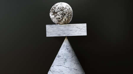 Volumetric 3d render of sandstone ball lies on rectangular bar and is supported on tip of pyramidal cone. Minimalistic design of inner harmony and stability in stressful situations.の写真素材