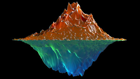 Geometric gradient waves in 3d render square textures with colorful tints. Creative cyber design with color mixing and dynamic transitions. Graphic fluid rolls over futuristic flask.の写真素材