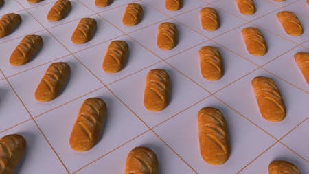 Fresh pastries lying on separate 3d render squares in lined space. Fragrant cereal product with crispy crust for delicious breakfast and snack. Organic digital design for healthy nutrition.の写真素材