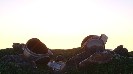 Stones and cosmonaut heads. Computer generated 3d renderの写真素材