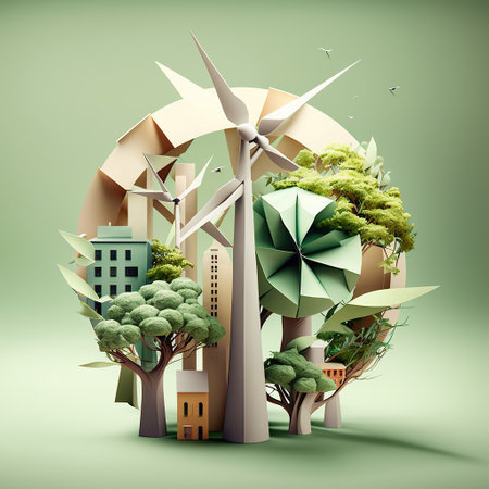 City, windmill and tree symbolize sustainable living, ecology, world environment day concept, Generative AIの素材