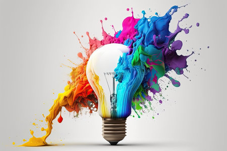 Lightbulb with colorful paint explosion on white background, Generative AIの素材