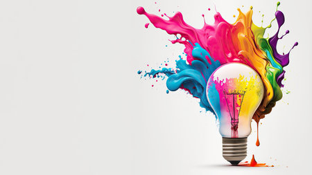 Lightbulb with colorful paint explosion on white background, Generative AIの素材