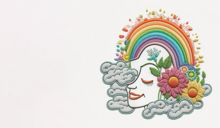 Woman face with flowers and rainbow, positive mental health, women's day and diversity concept, Generative AIの素材