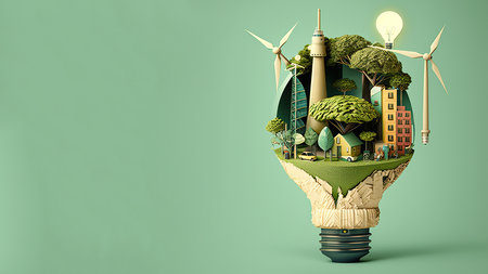 light bulb with city, windmill and tree, technology and innovation, sustainability, environmental harmony, climate change concept, Generative AIの素材