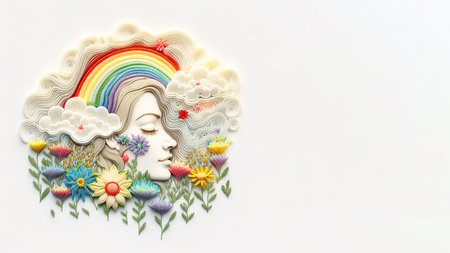 Woman face with flowers and rainbow, positive mental health, women's day and diversity concept, Generative AIの素材