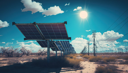 Solar farm with blue sky with clouds, renewable energy, sustainable concept, , Generative AIの素材