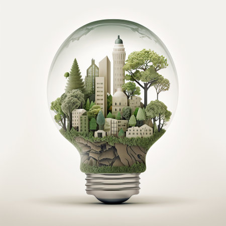 Buildings and tree inside a light bulb, technology and innovation, sustainability, environmental harmony, climate change concept, Generative AIの素材